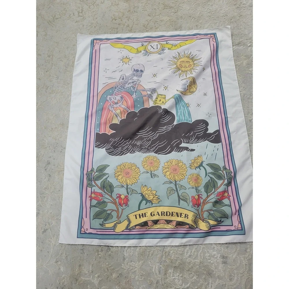 The Gardener Tarot Card Skeleton Sunflower Wall Tapestry 36x28 Pink Blue XI